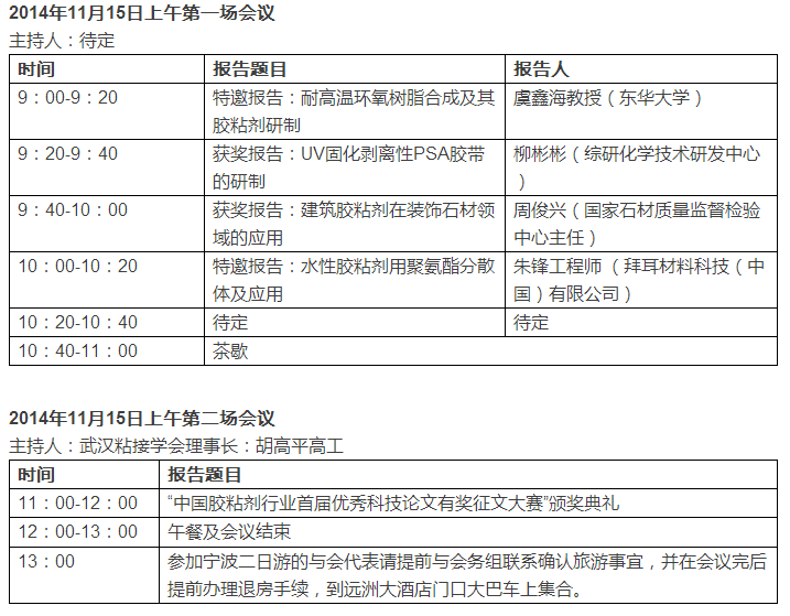 “2014中国粘接与密封技术创新与发展论坛”会议日程安排
